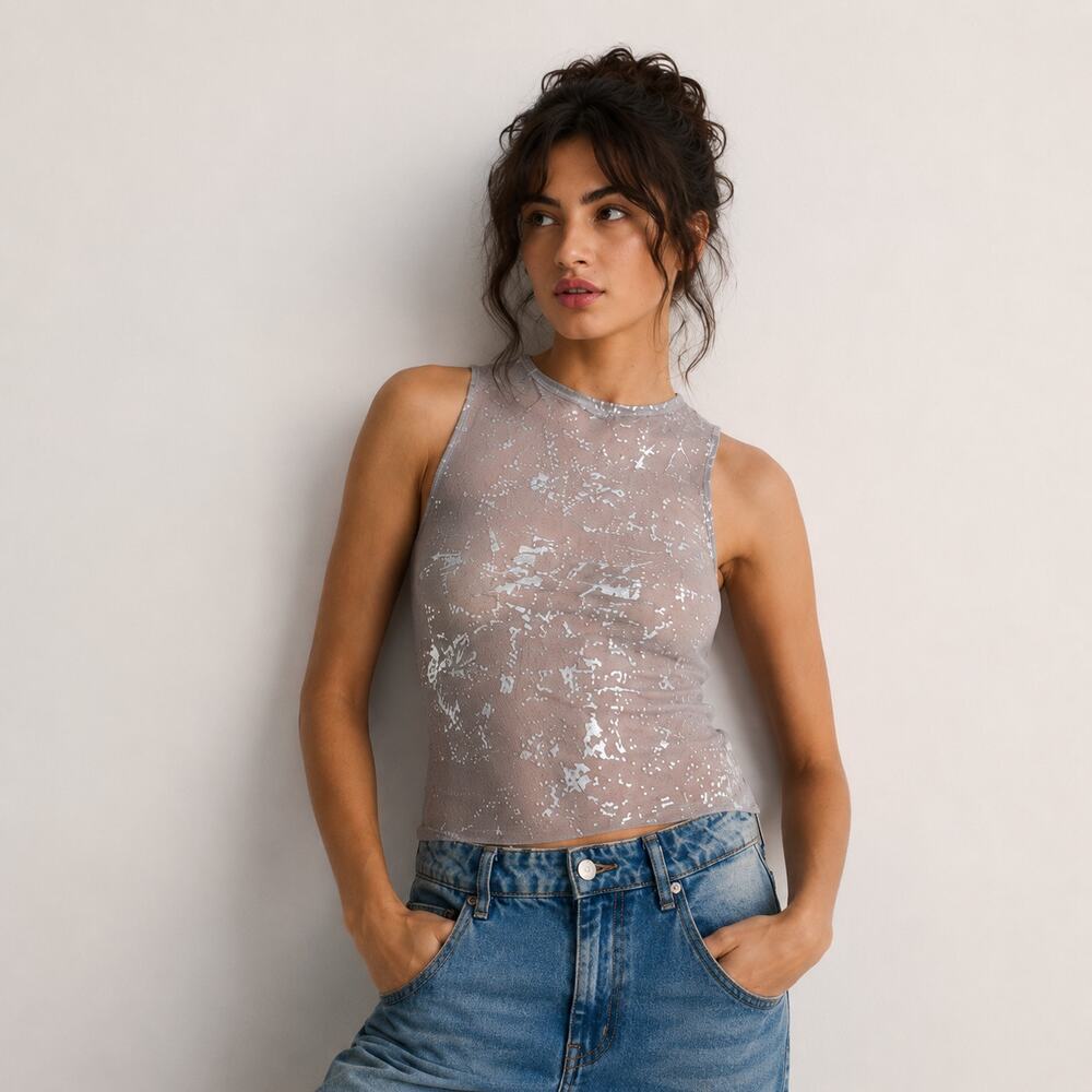 Reserved Metallic Effect Tank Top Womens S Purple Gray Mesh Sheer Fitted Blouse